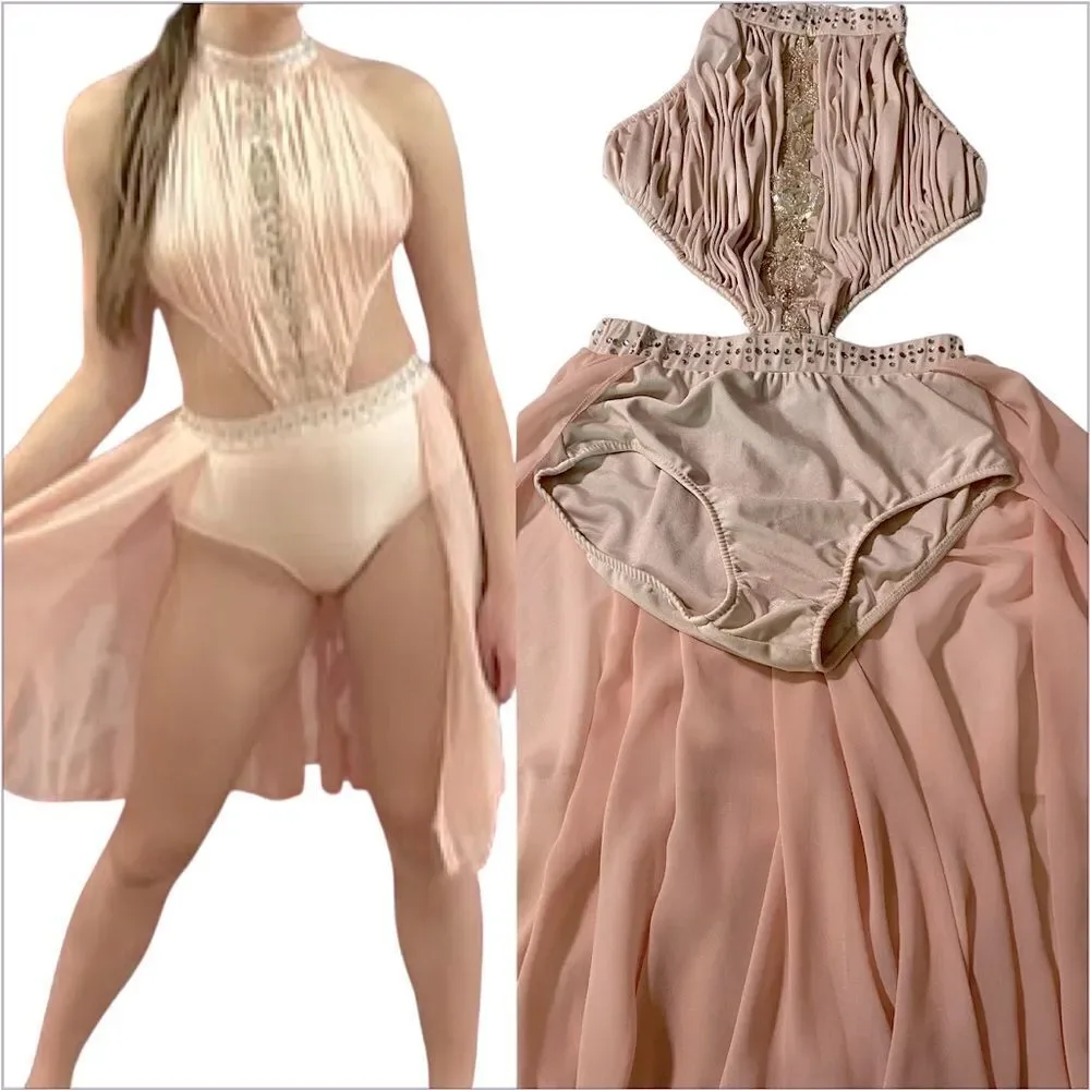 Glamour competition solo lyrical dance costume blush pink drape dress MA adult